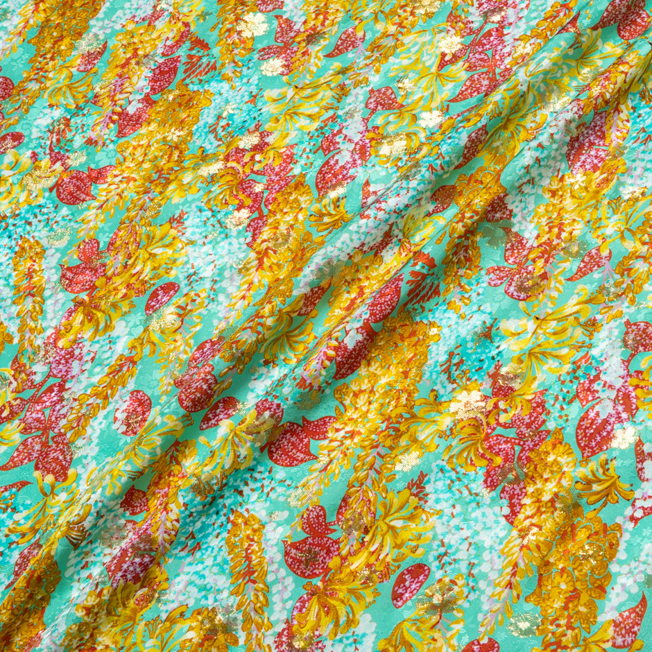 Deep Yellow & Red Floral Mint Silk Metallic Jacquard