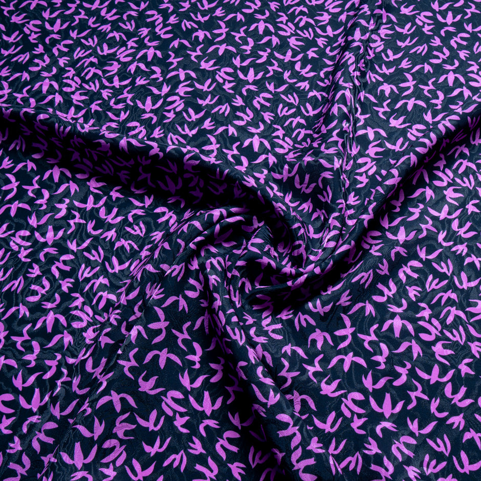 Purple Abstract 'Bird' Printed Midnight Silk Jacquard