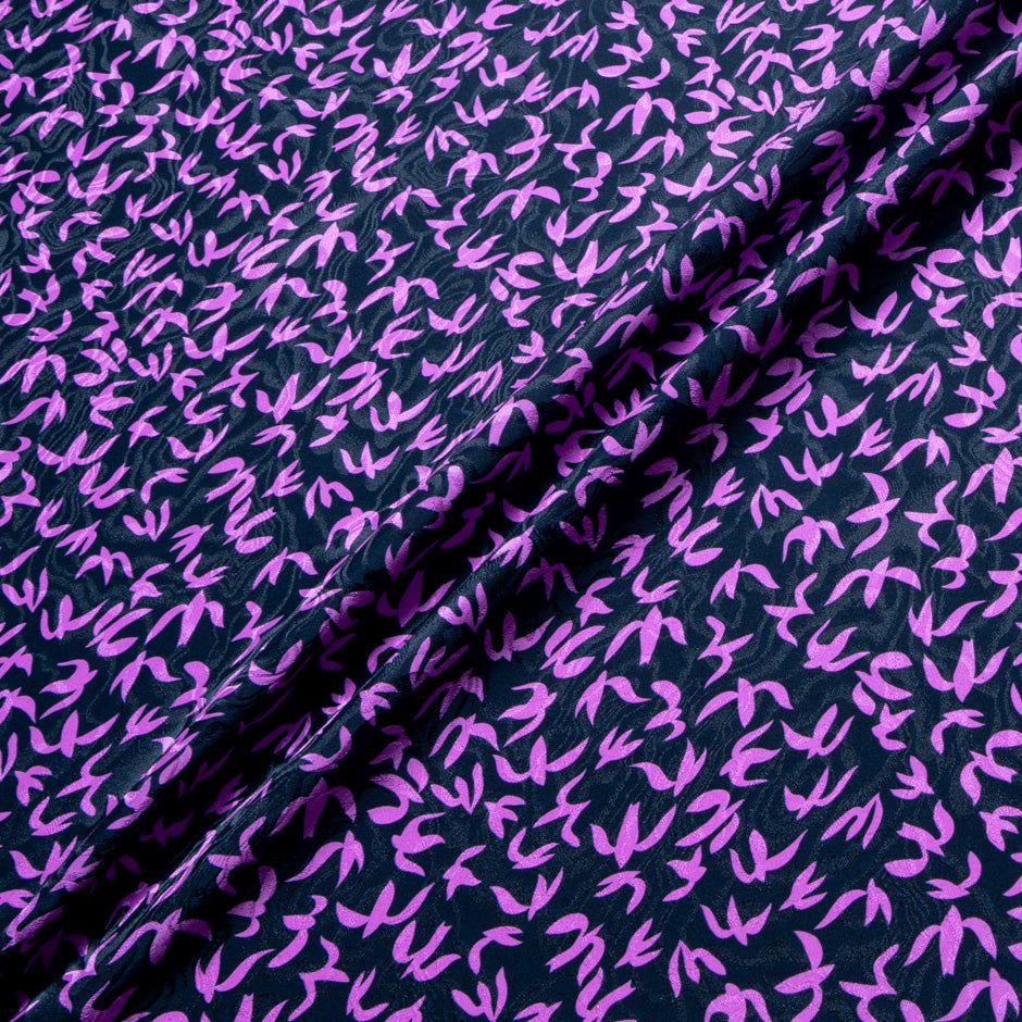Purple Abstract 'Bird' Printed Midnight Silk Jacquard