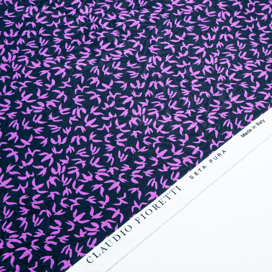 Purple Abstract 'Bird' Printed Midnight Silk Jacquard