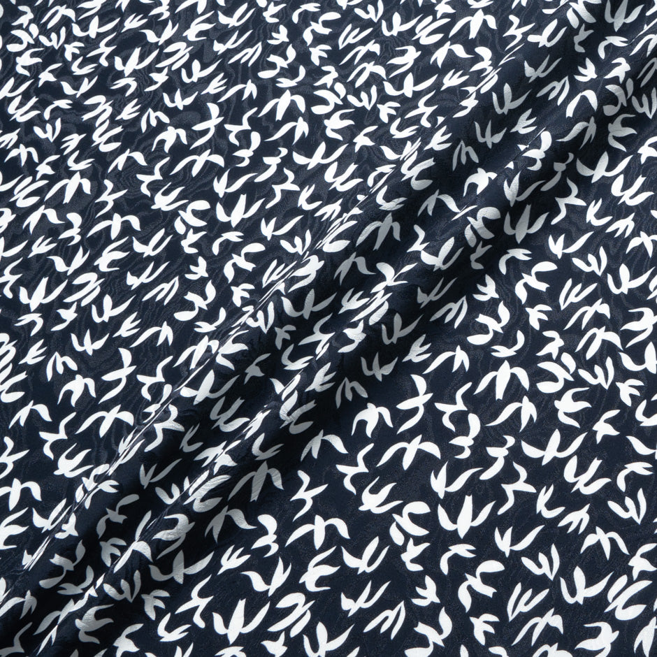 White Abstract 'Bird' Printed Midnight Silk Jacquard