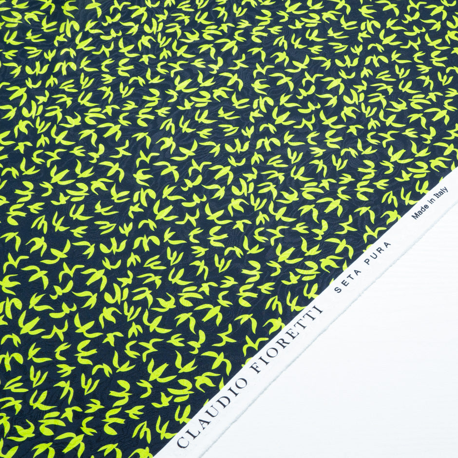 Green Abstract 'Bird' Printed Midnight Silk Jacquard