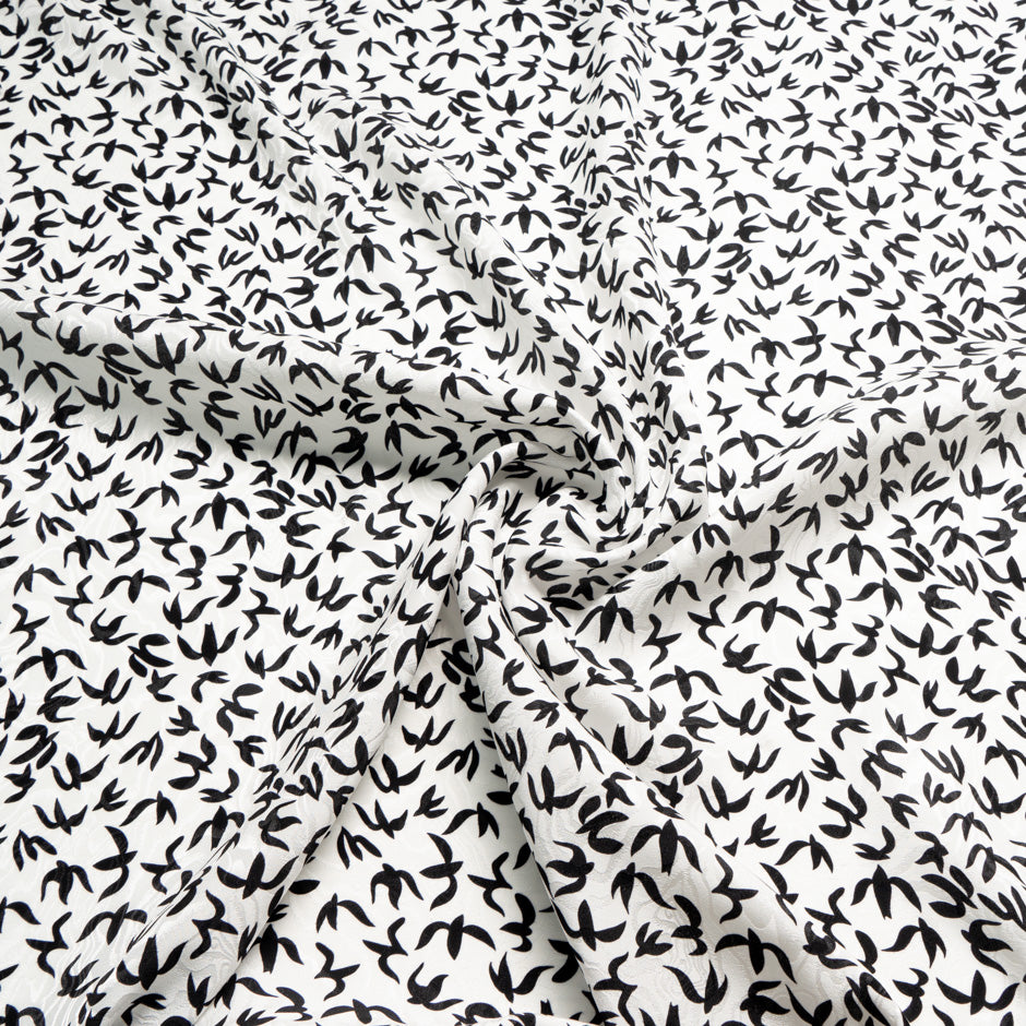 Black Abstract 'Bird' White Silk Jacquard