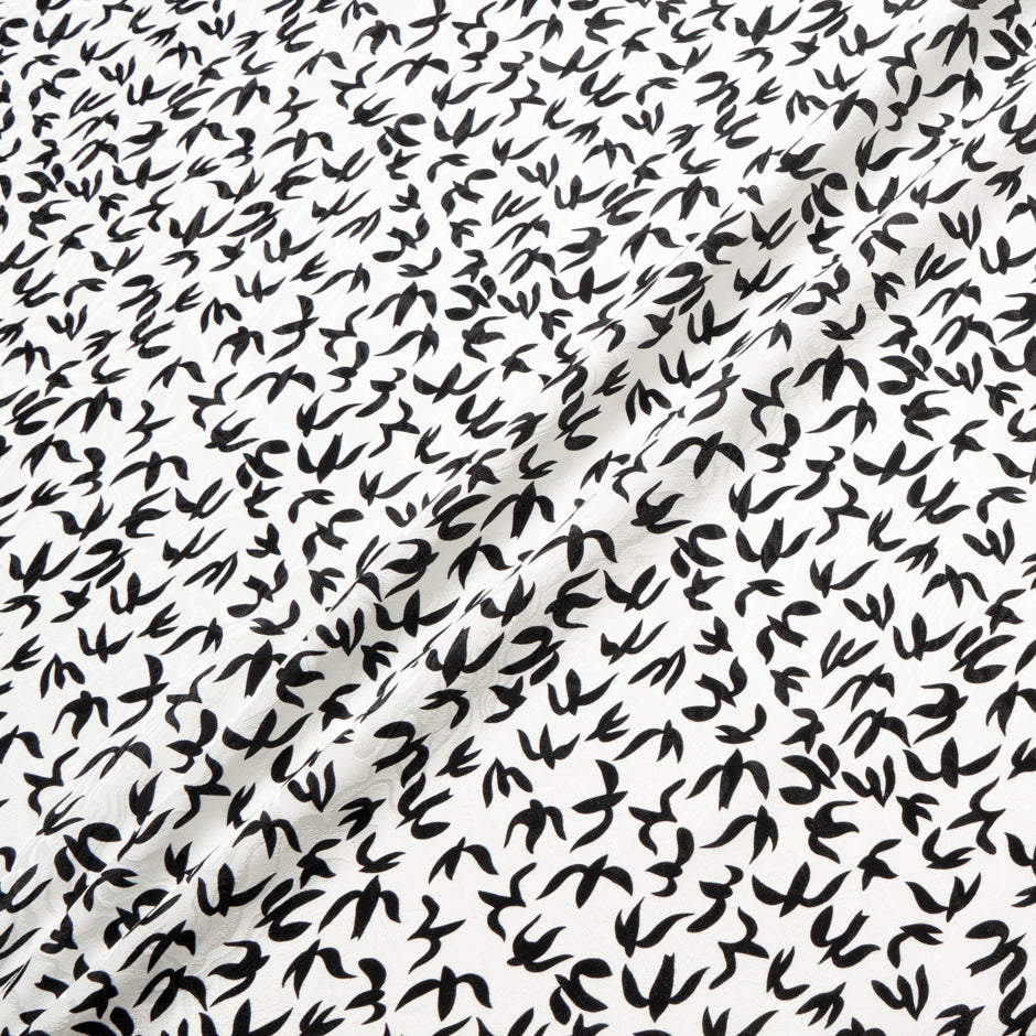 Black Abstract 'Bird' White Silk Jacquard