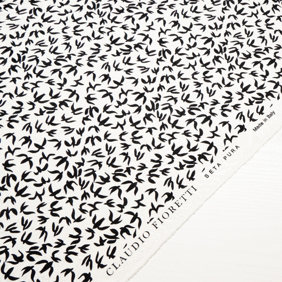 Black Abstract 'Bird' White Silk Jacquard