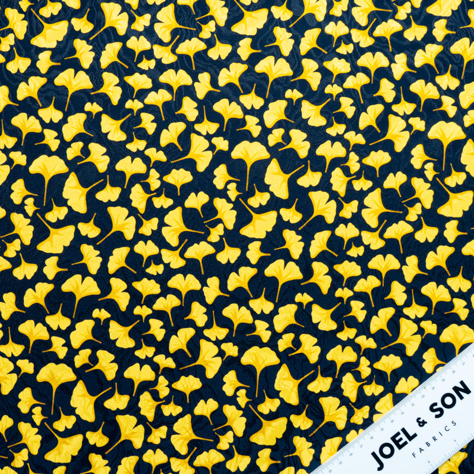 Yellow Ginko Leaf Printed Pure Silk Jacquard