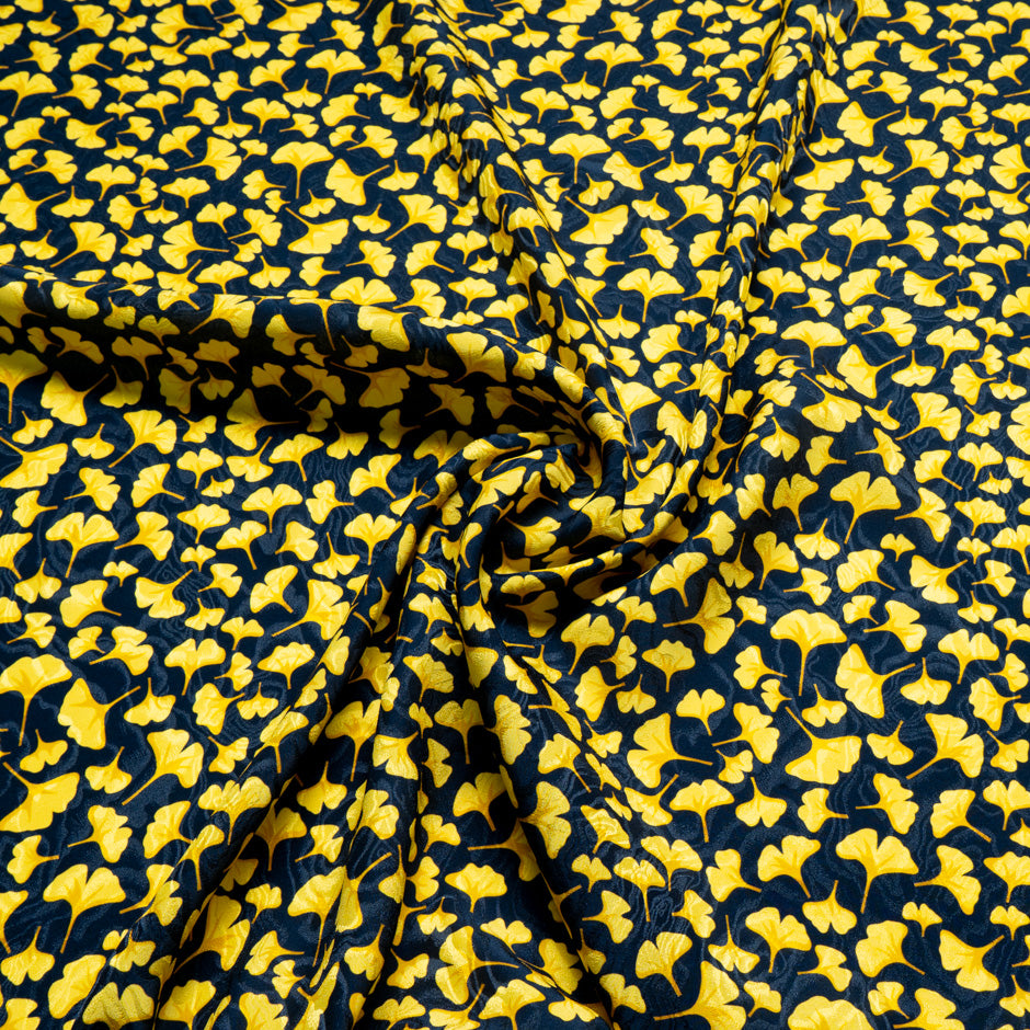 Yellow Ginko Leaf Printed Pure Silk Jacquard