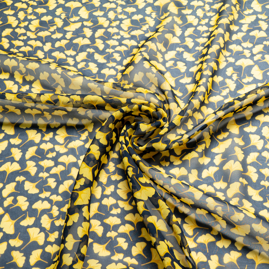 Yellow Ginko Leaf Printed Pure Silk Georgette
