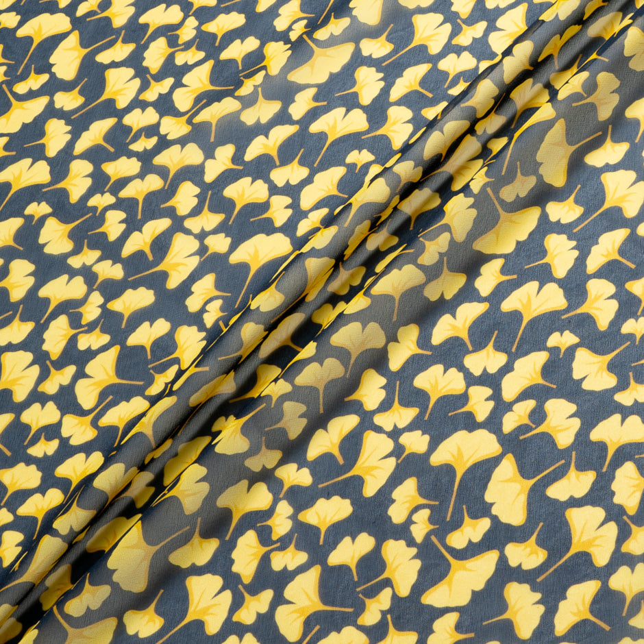 Yellow Ginko Leaf Printed Pure Silk Georgette
