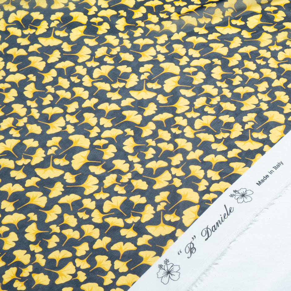 Yellow Ginko Leaf Printed Pure Silk Georgette