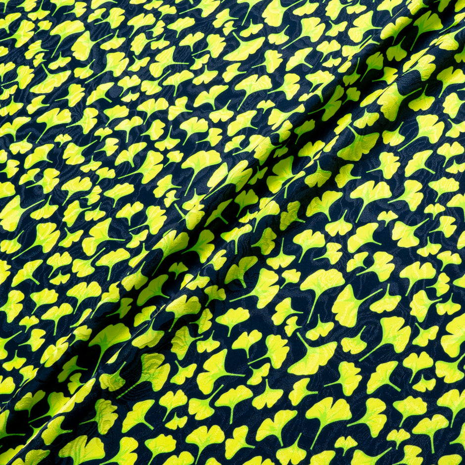 Lime Ginko Leaf Printed Pure Silk Jacquard