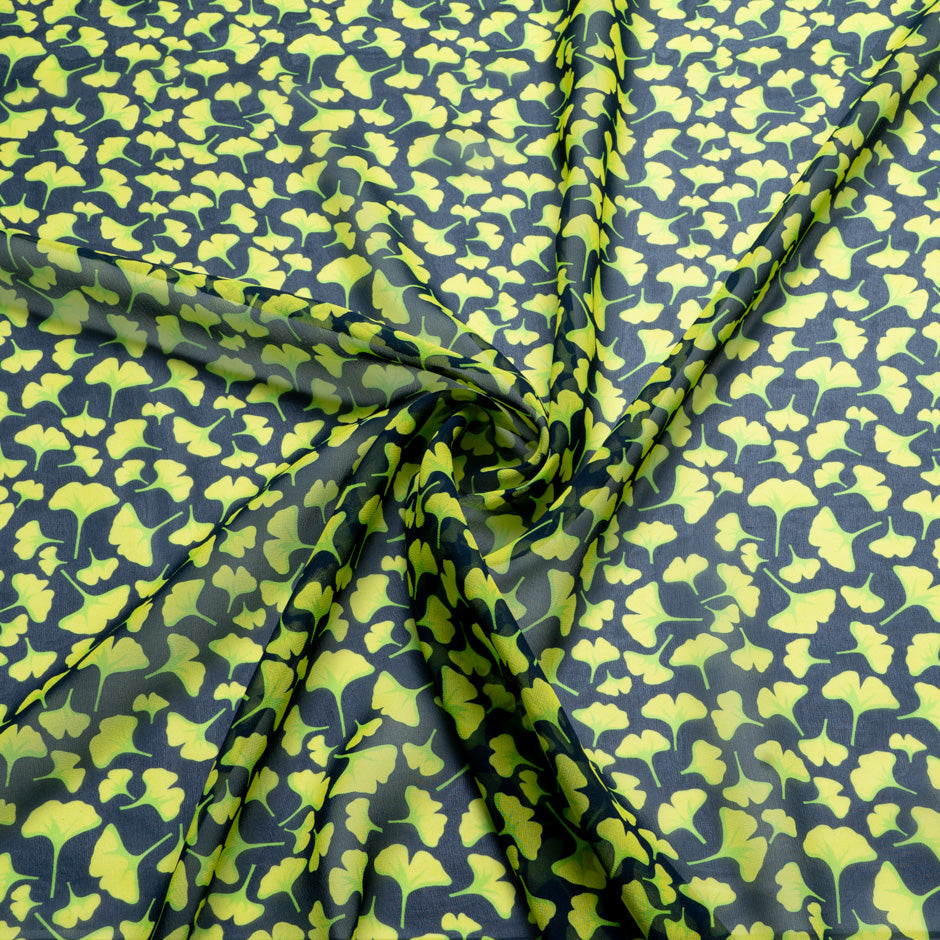 Lime Ginko Leaf Printed Pure Silk Georgette