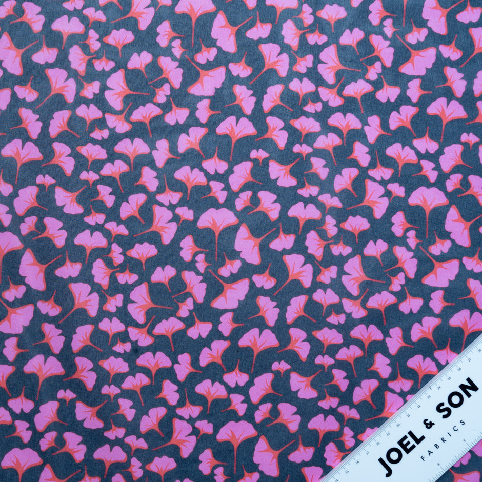 Pink & Red Ginko Leaf Printed Pure Silk Georgette