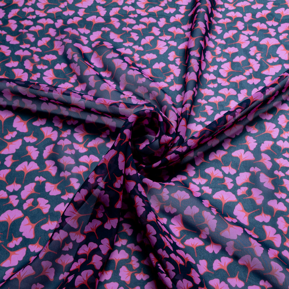 Pink & Red Ginko Leaf Printed Pure Silk Georgette