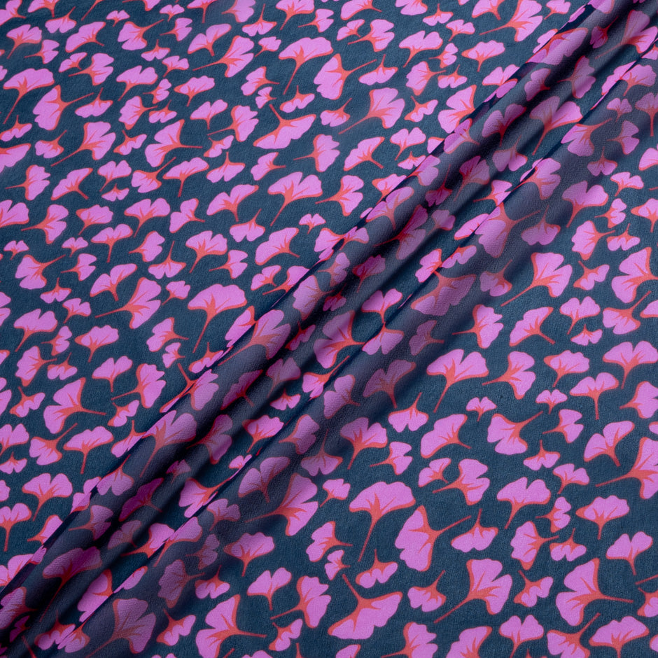 Pink & Red Ginko Leaf Printed Pure Silk Georgette