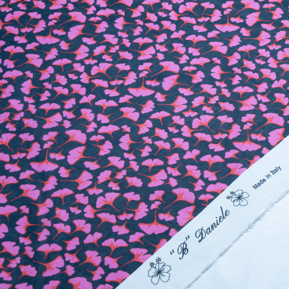 Pink & Red Ginko Leaf Printed Pure Silk Georgette