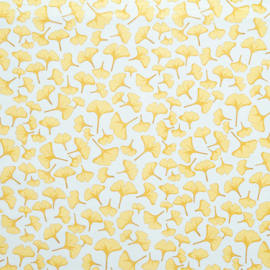 Yellow Ginko Leaf Printed White Pure Silk Georgette