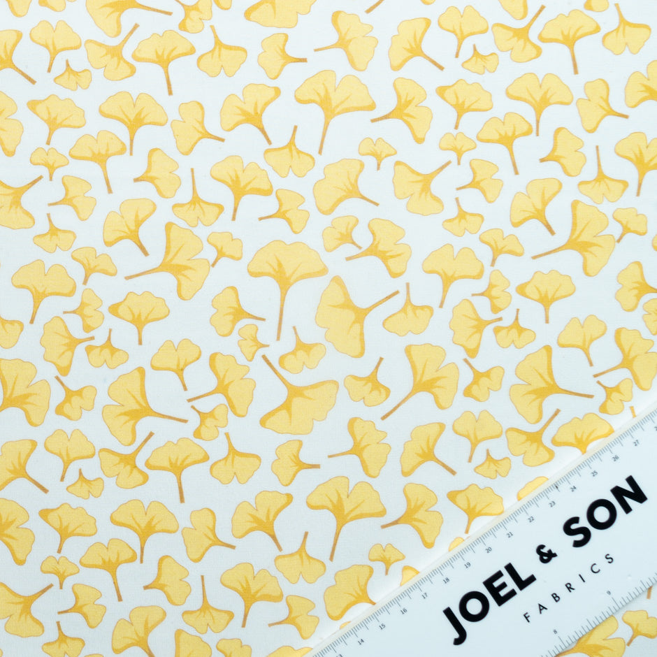 Yellow Ginko Leaf Printed White Pure Silk Georgette
