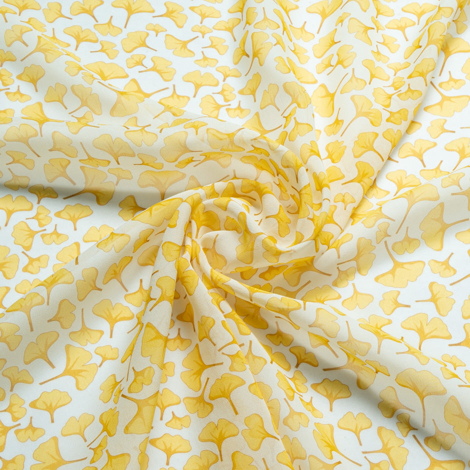 Yellow Ginko Leaf Printed White Pure Silk Georgette