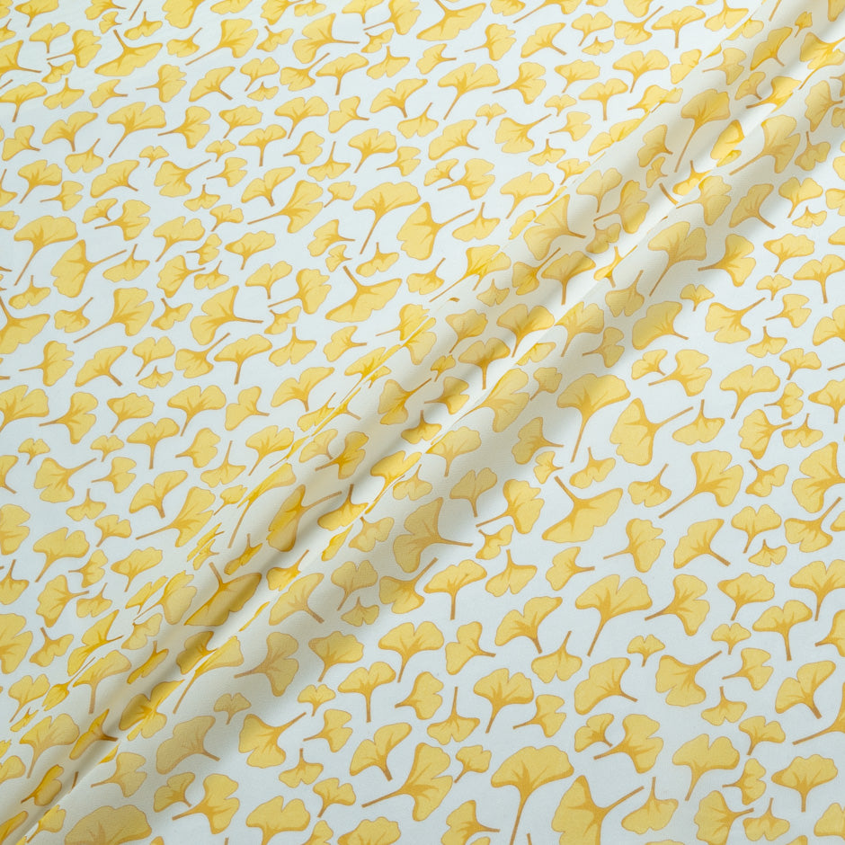 Yellow Ginko Leaf Printed White Pure Silk Georgette