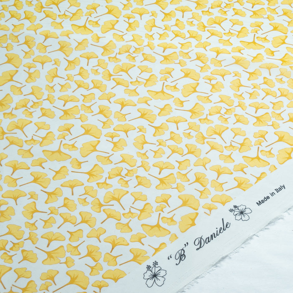 Yellow Ginko Leaf Printed White Pure Silk Georgette