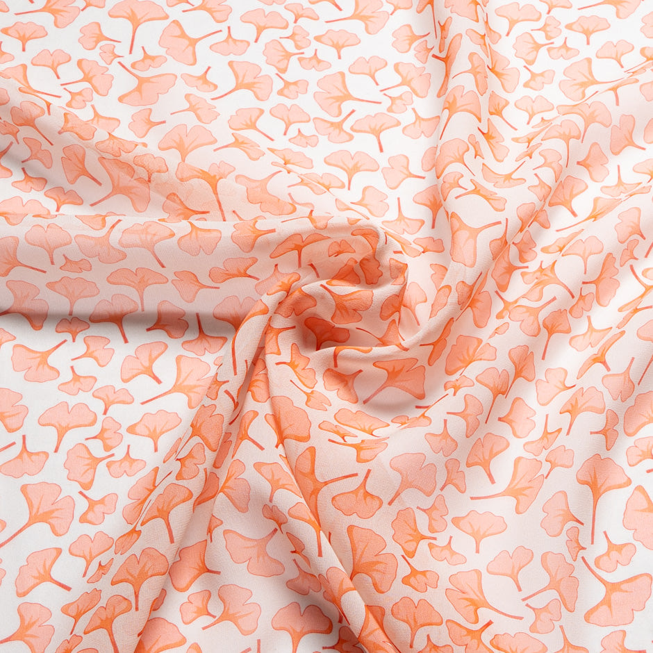 Peach Ginko Leaf Printed Ivory Pure Silk Georgette