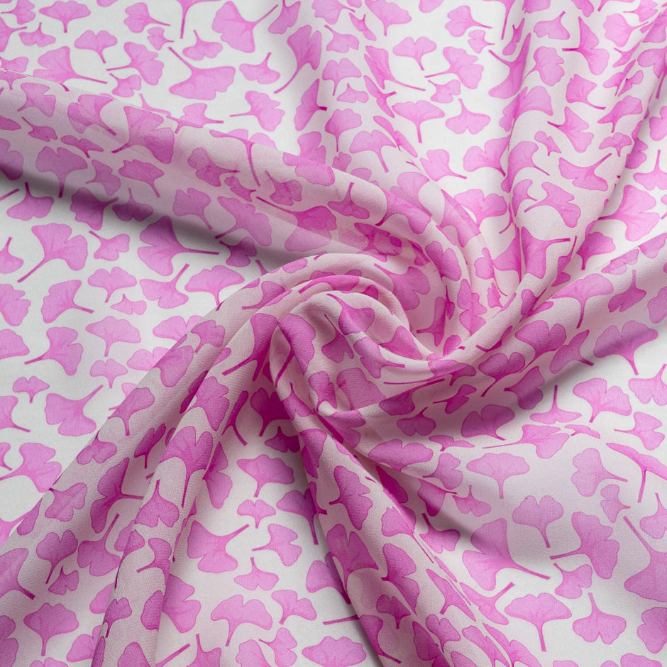 Pink Ginko Leaf Printed Ivory Pure Silk Georgette