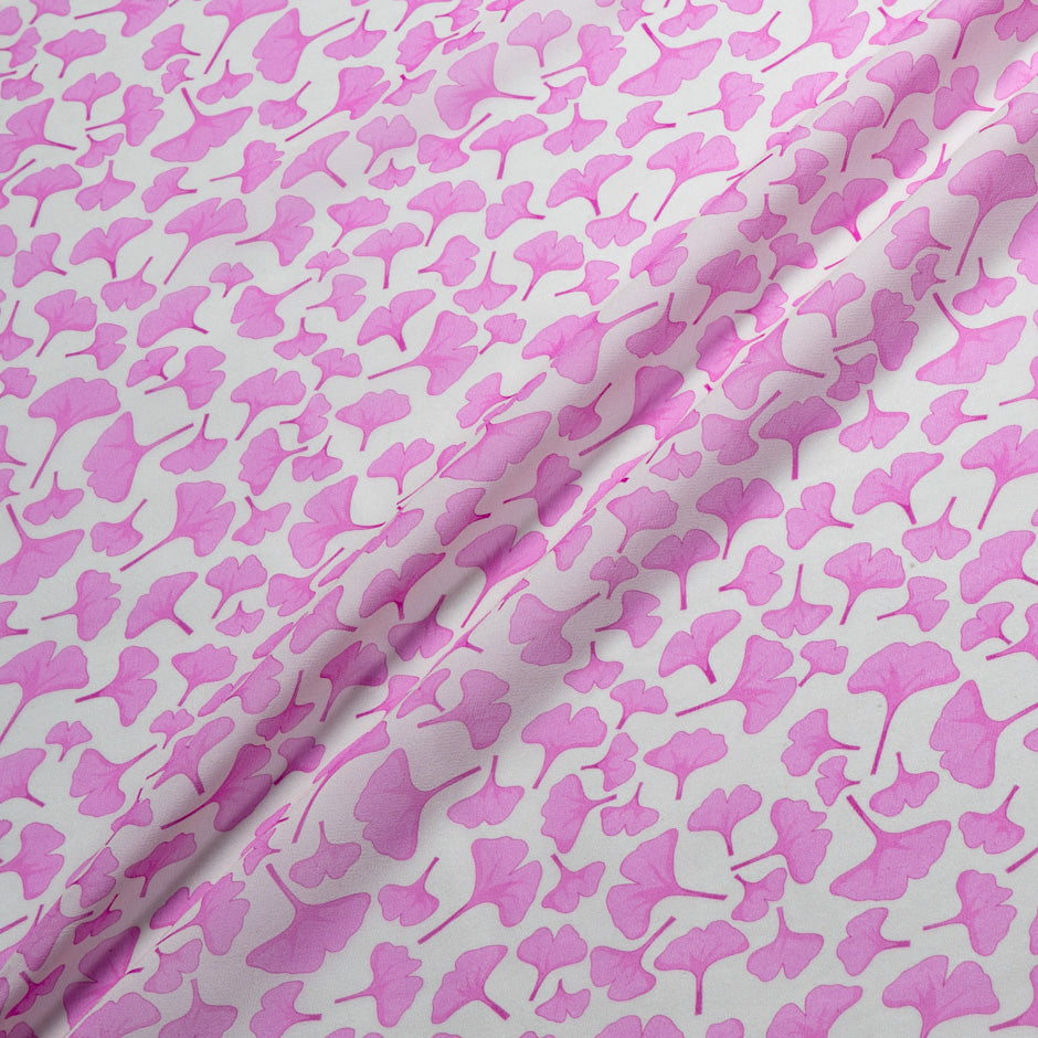 Pink Ginko Leaf Printed Ivory Pure Silk Georgette