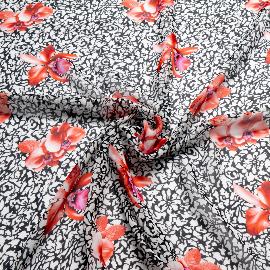 Red Floral Printed Monochrome Silk Georgette