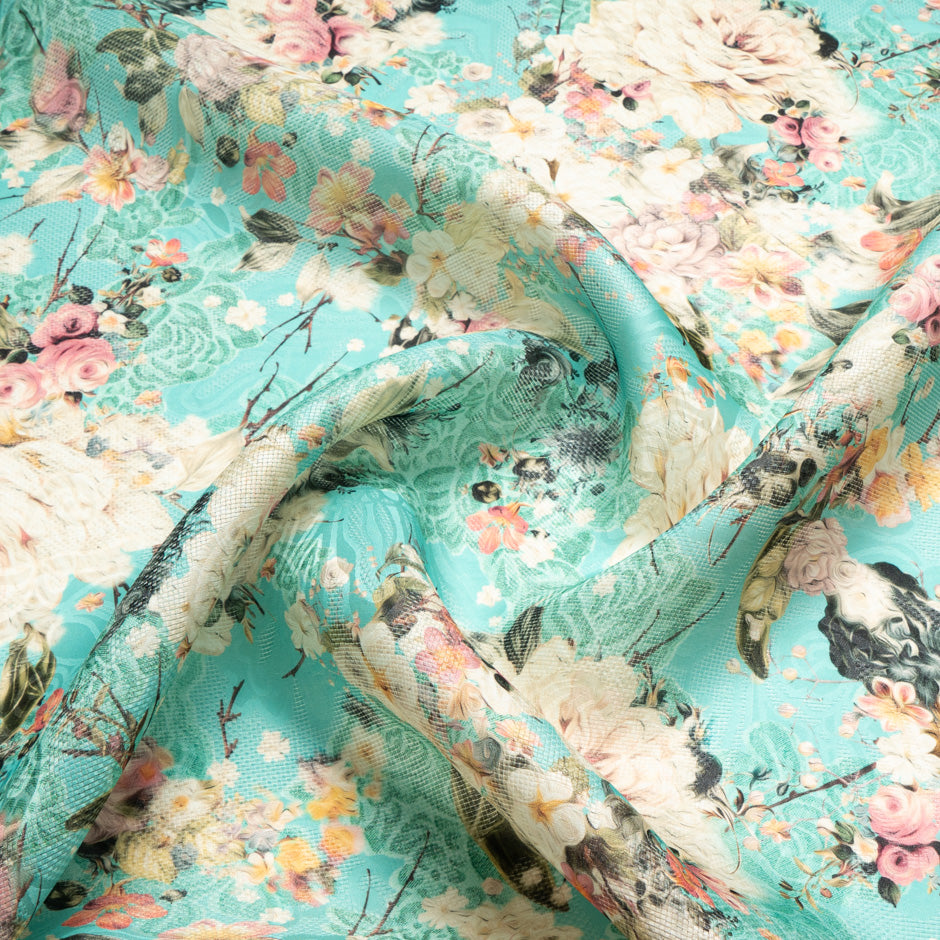 Ivory & Pink Floral Printed Jacquard Silk Organza