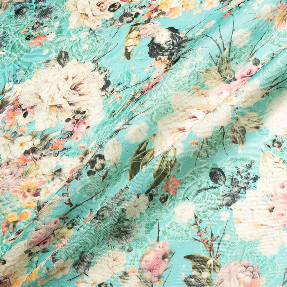 Ivory & Pink Floral Printed Jacquard Silk Organza