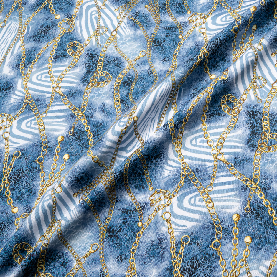 Chain & Leopard Printed Blue Stretch Cotton