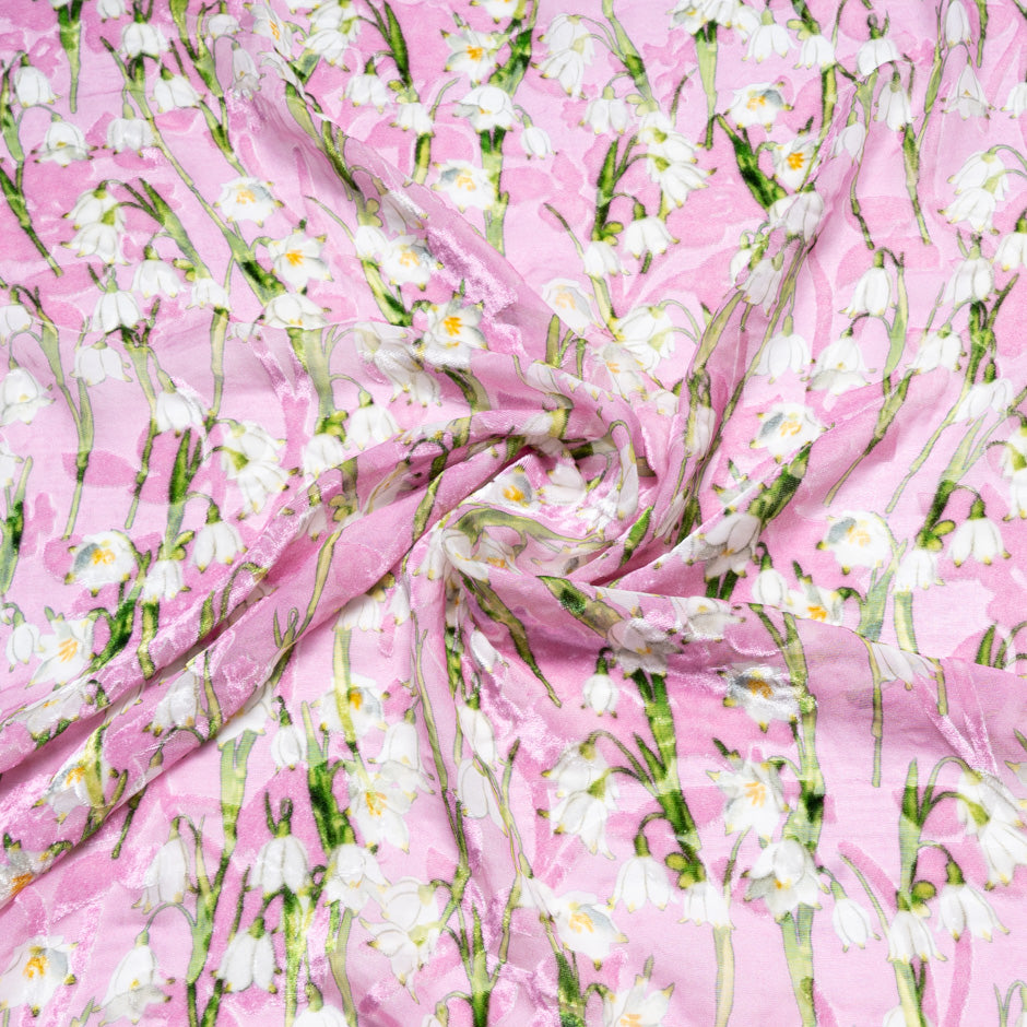 Lily of the Valley Printed Pink Silk Blend Devoré Velvet