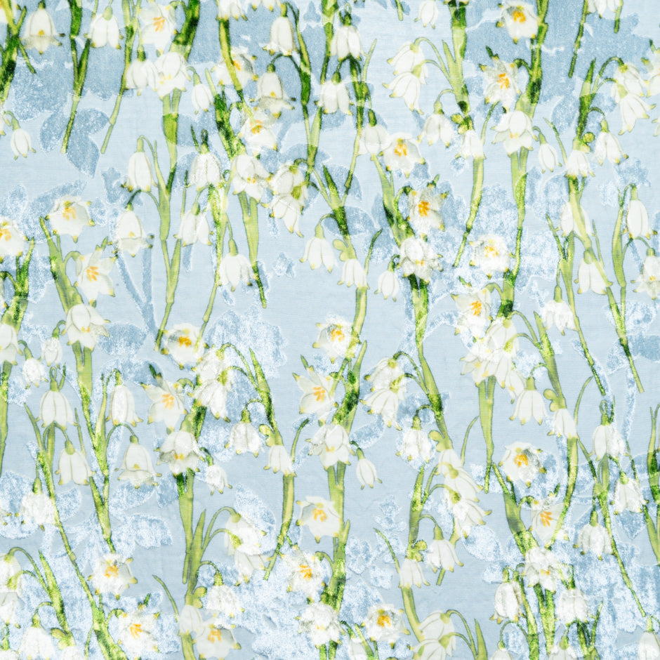 Lily of the Valley Printed Blue Silk Blend Devoré Velvet