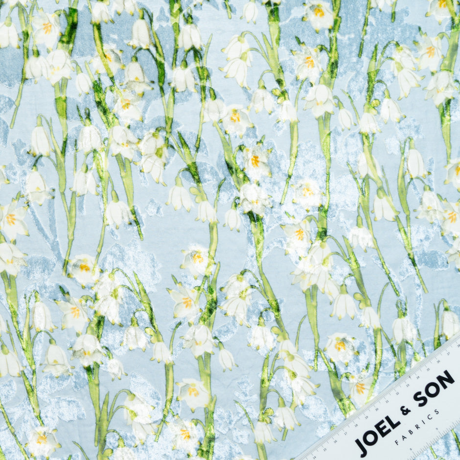 Lily of the Valley Printed Blue Silk Blend Devoré Velvet