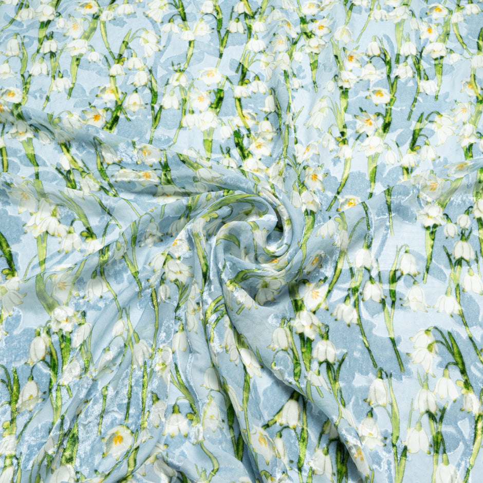Lily of the Valley Printed Blue Silk Blend Devoré Velvet