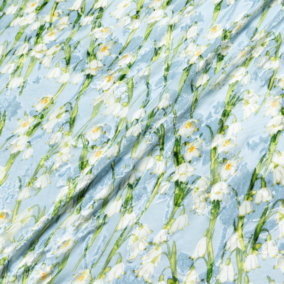 Lily of the Valley Printed Blue Silk Blend Devoré Velvet