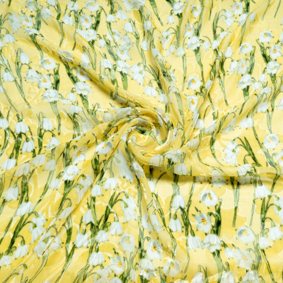 Lily of the Valley Printed Yellow Silk Blend Devoré Velvet