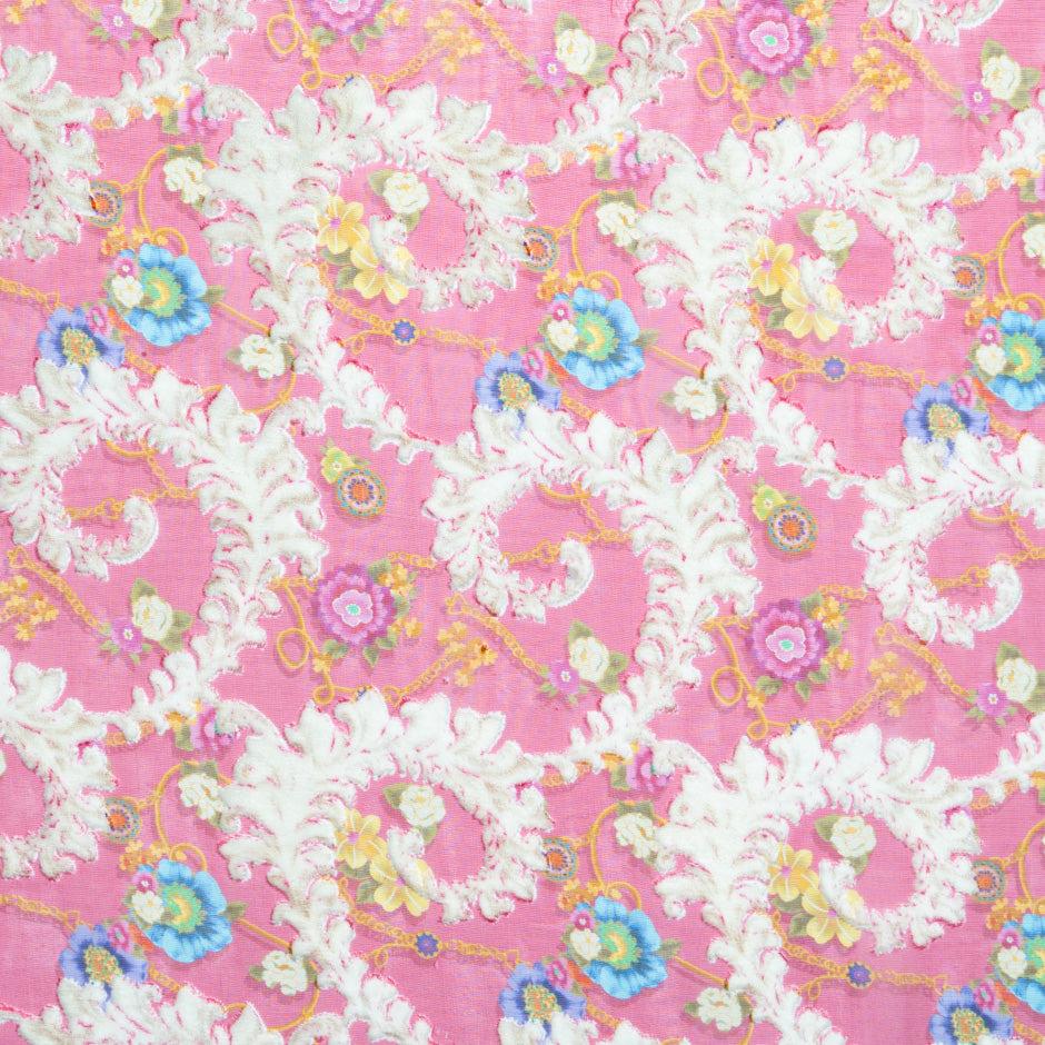 Blue & Pink Floral Double Printed Pink Devoré Velvet