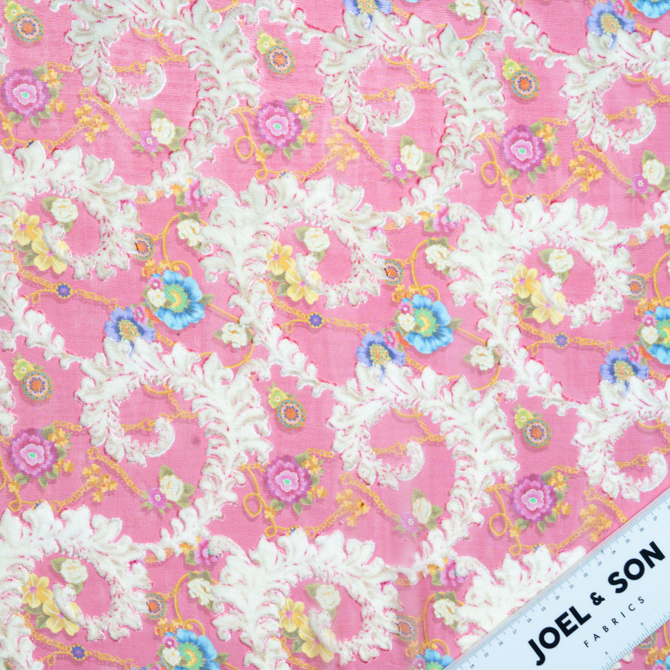Blue & Pink Floral Double Printed Pink Devoré Velvet