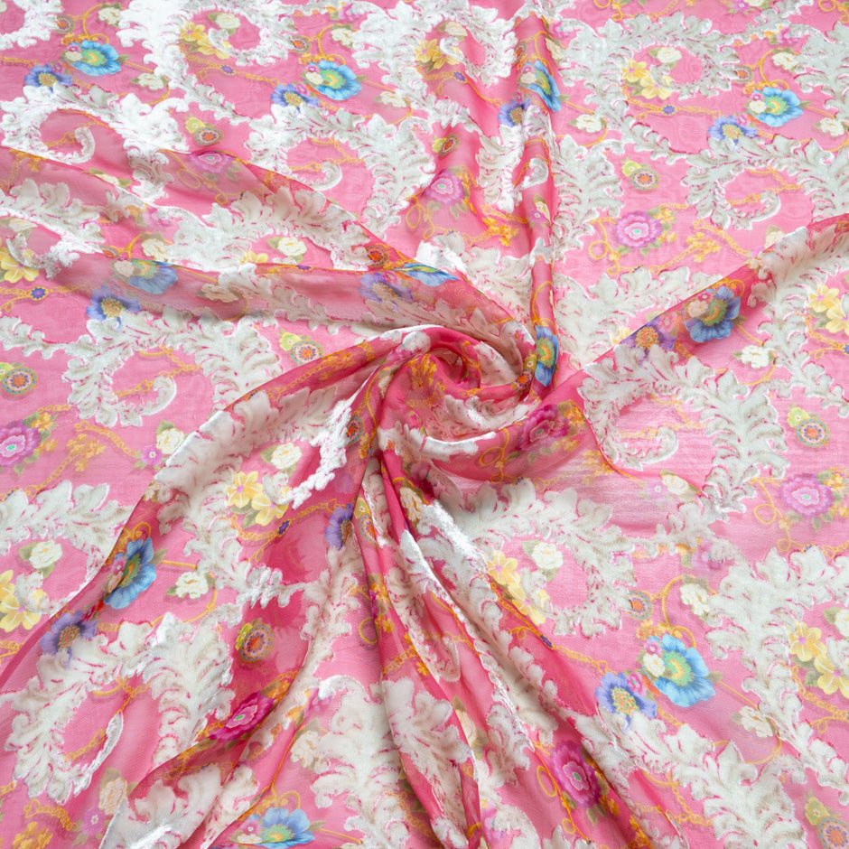 Blue & Pink Floral Double Printed Pink Devoré Velvet