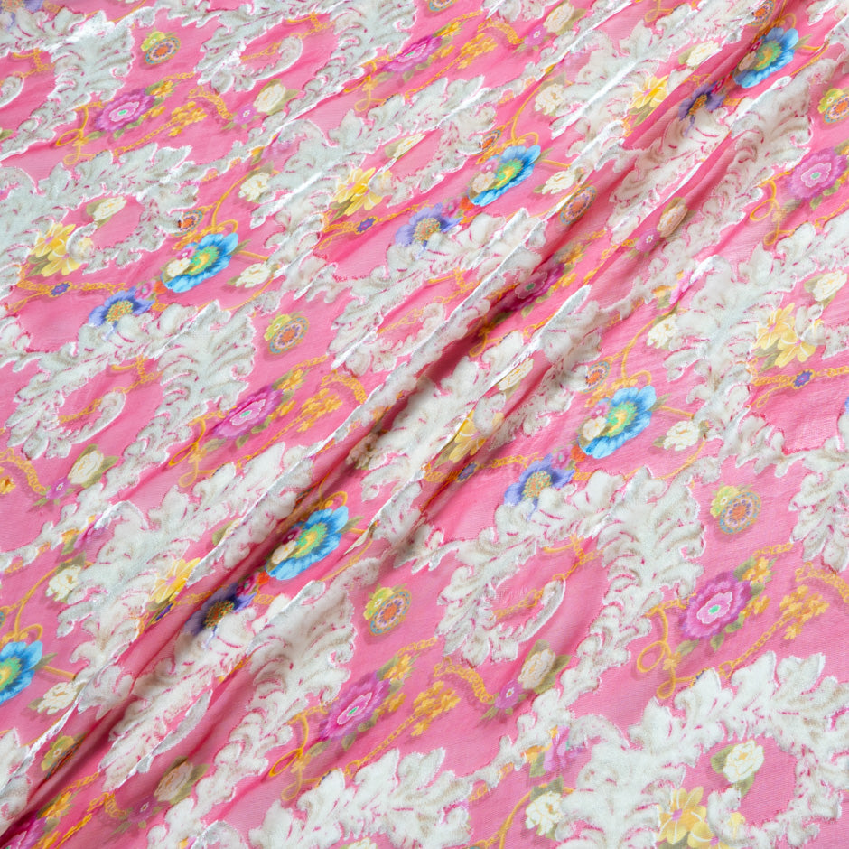 Blue & Pink Floral Double Printed Pink Devoré Velvet