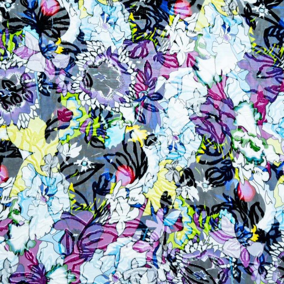 Multi-Coloured Purple Floral Printed Devoré Velvet