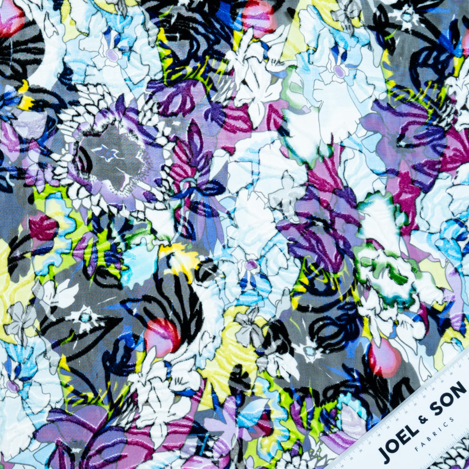 Multi-Coloured Purple Floral Printed Devoré Velvet