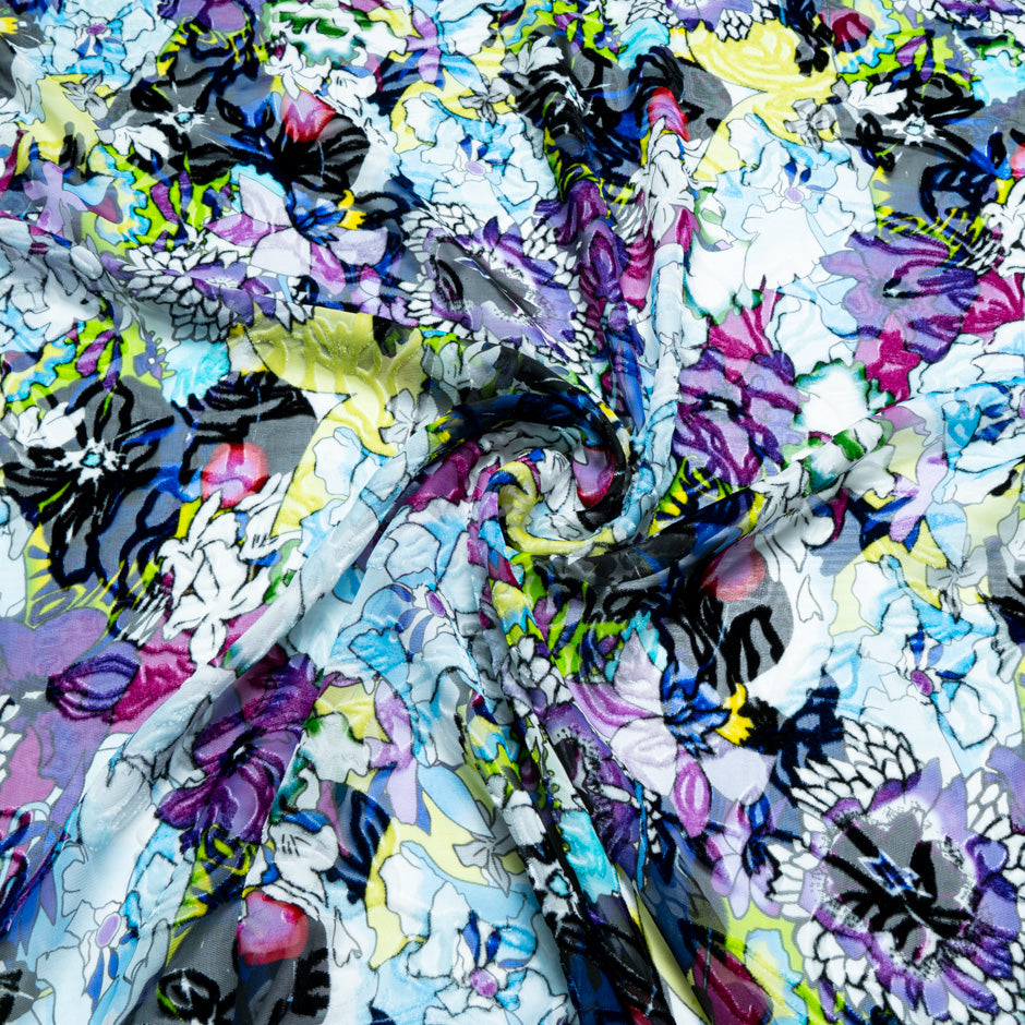 Multi-Coloured Purple Floral Printed Devoré Velvet