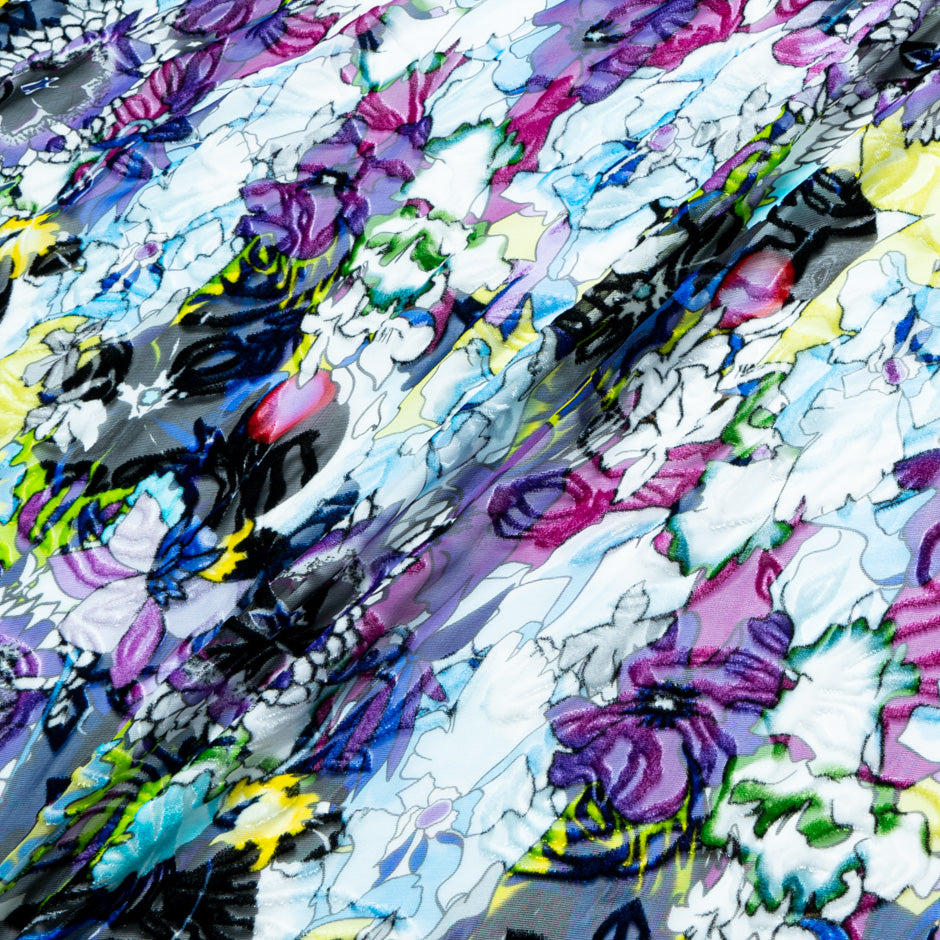 Multi-Coloured Purple Floral Printed Devoré Velvet