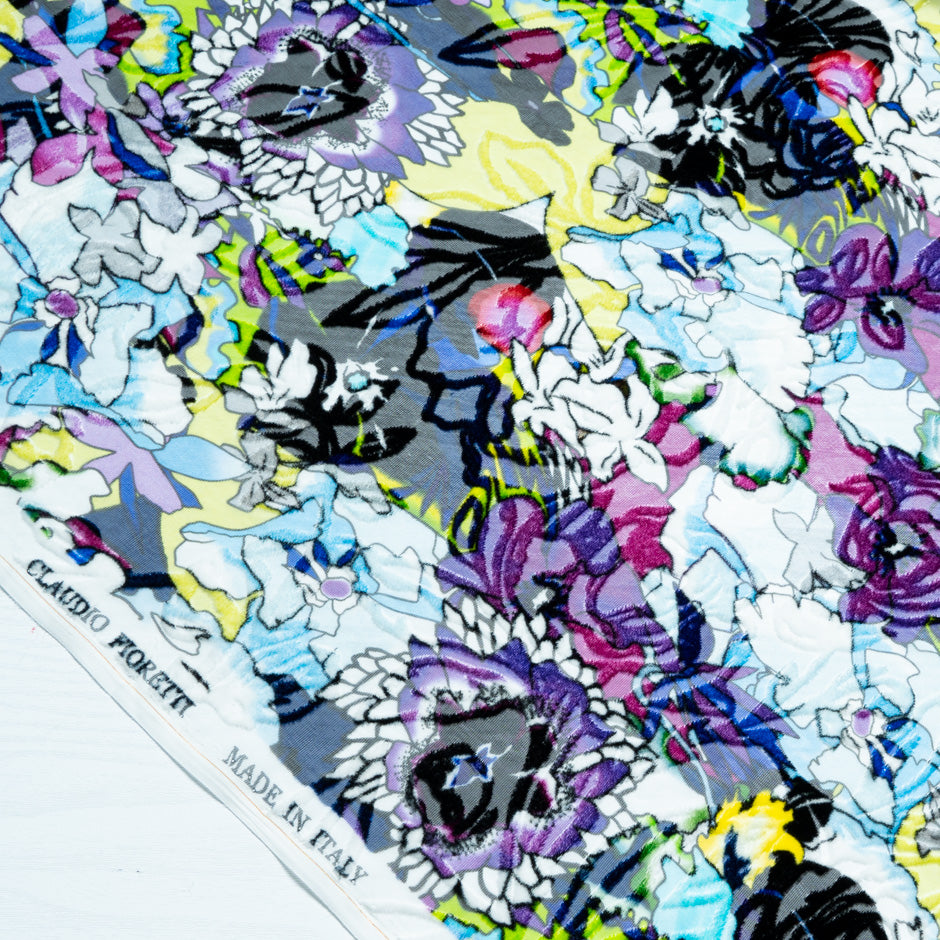 Multi-Coloured Purple Floral Printed Devoré Velvet