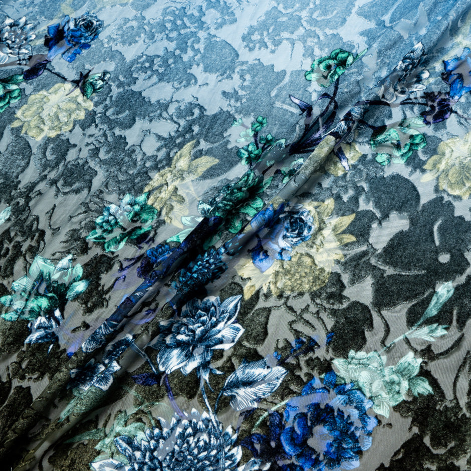 Dark Blue Floral Printed Devoré Velvet (A 1.75m Piece)