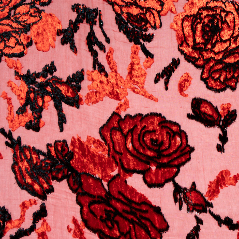 Black Outlined Red Floral Devoré Velvet