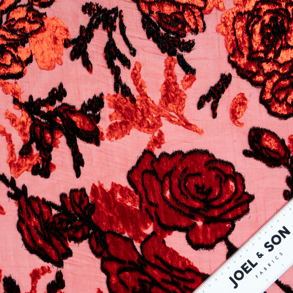 Black Outlined Red Floral Devoré Velvet